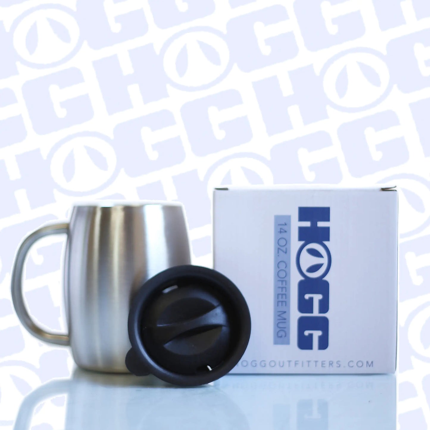 14oz double wall vacuum insulated coffee mug with black swivel lid for hot beverage temperature retention.