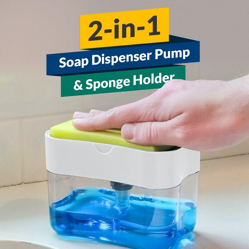 2-in-1 soap dispenser pump and sponge holder with a hand pressing the green top.