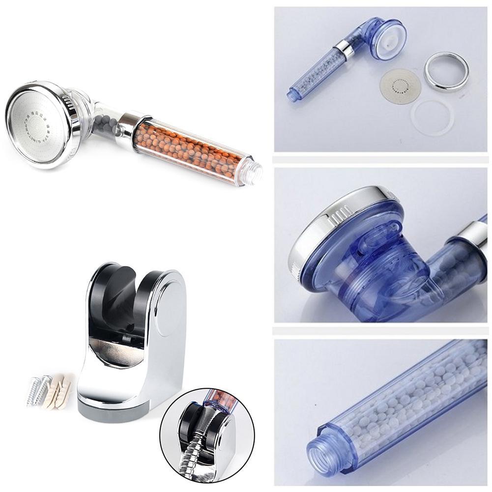 3 mode shower head with built in water purifier filter with blue plastic housing and parts on a white background