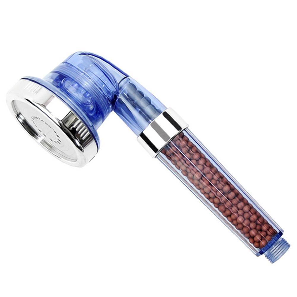 3 mode shower head with built in water purifier filter with blue plastic housing on a white background