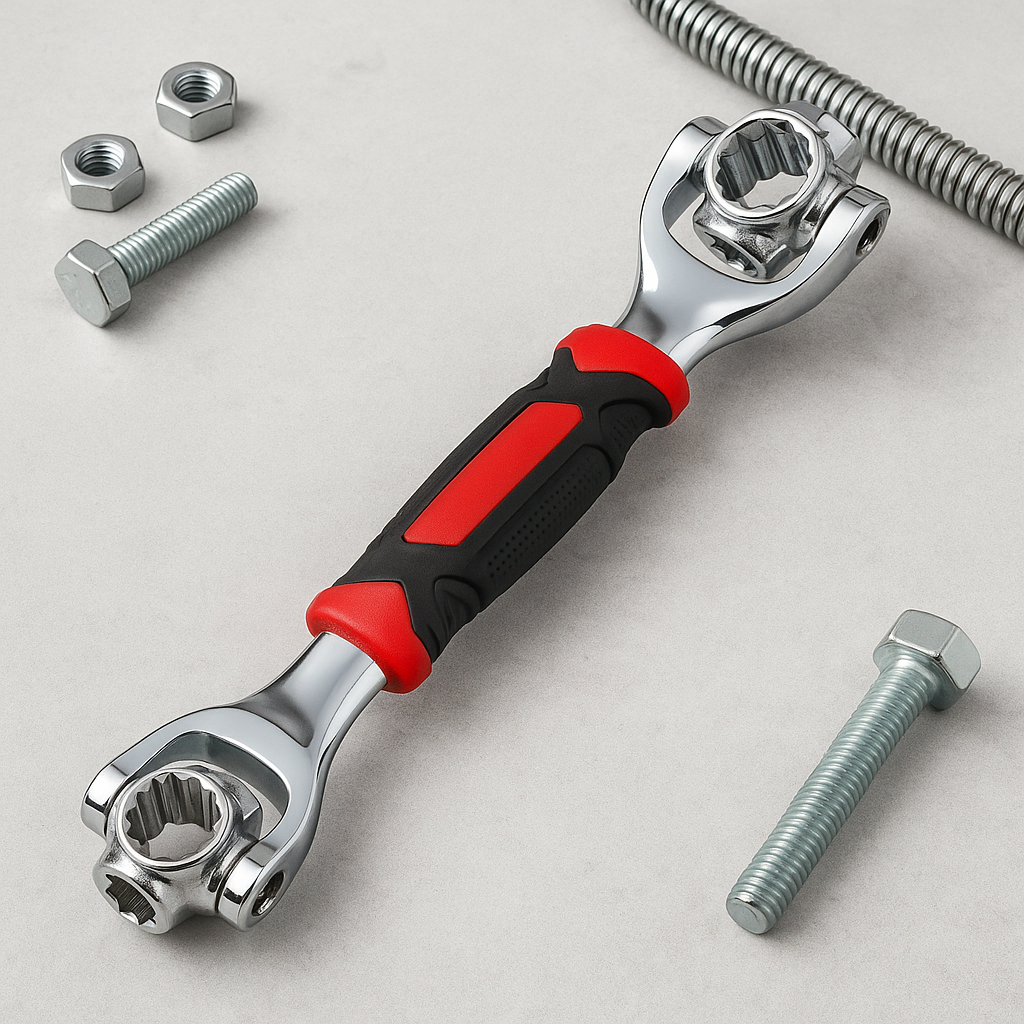 Adjustable wrench with red and black handle on a light gray background with bolts and a spring.