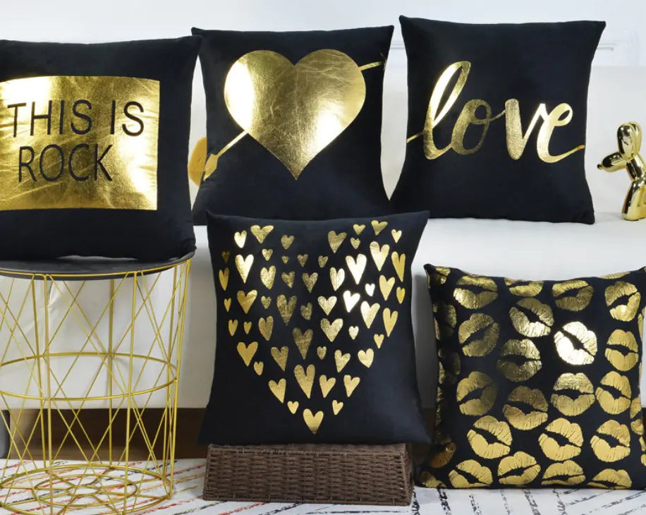 Black and gold heart velvet cushion cover 45x45cm on sofa with luxurious soft texture for home decor 7