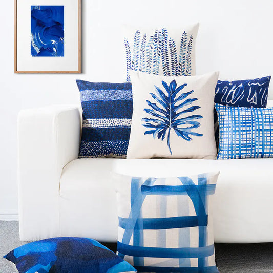 Blue minimalist geometric cotton linen cushion cover 45x45cm with Scandinavian design for modern sofa decor