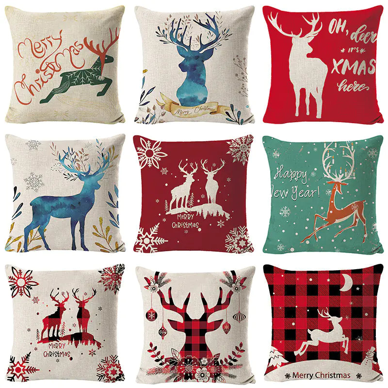 Christmas elk print linen pillow cover in festive holiday design, 45x45cm square cushion cover with seasonal elk pattern for home decor
