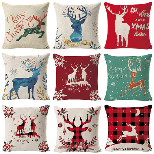 Christmas elk print linen pillow cover in festive holiday design, 45x45cm square cushion cover with seasonal elk pattern for home decor