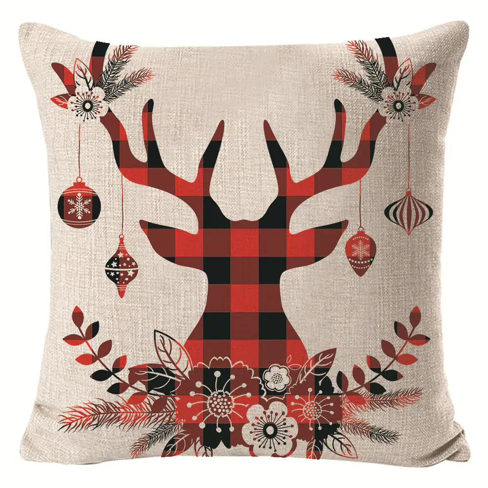 Christmas elk print linen pillow cover in festive holiday design, 45x45cm square cushion cover with seasonal elk pattern for home decor 8