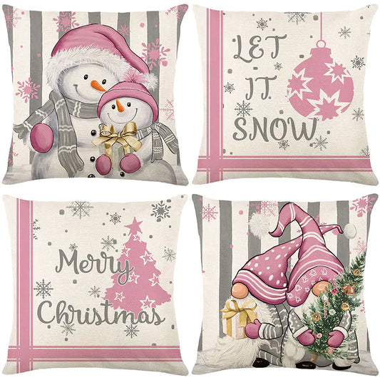 Christmas letter pattern pillow covers 45x45cm in pink grey and white colours with festive typography and holiday decorative throw pillowcases for sofa couch bed home decor.