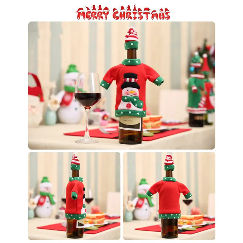 Christmas themed wine bottle cover with a snowman design on a festive table setting.