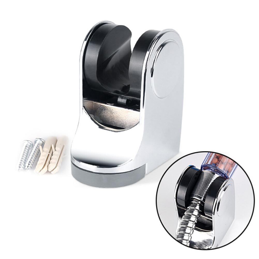Chrome shower head bracket with fitting kit on a white background