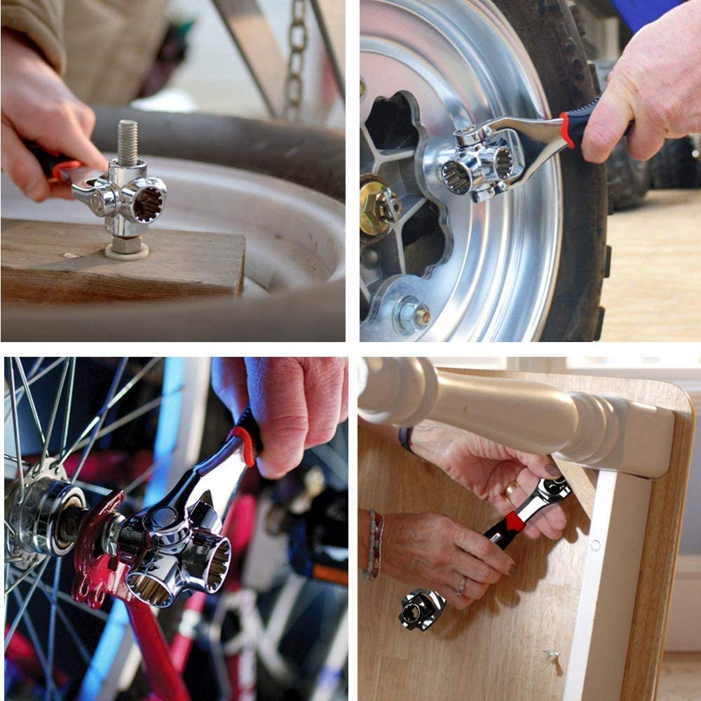 Collage of a people using the 48-in-1 Universal Socket Wrench on various objects including a valve, bicycle wheel, and wooden surface.