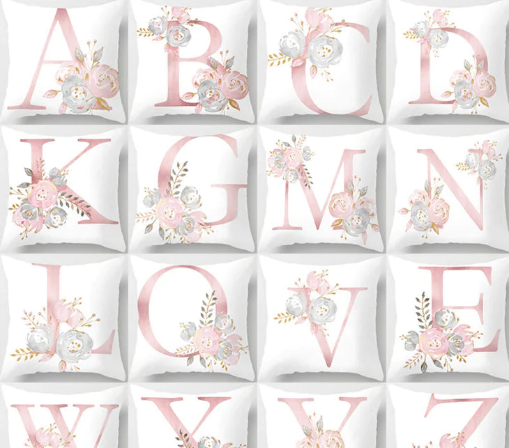 Collection Pink letter pillow cover with floral pattern, 45x45cm personalized initial cushion case for home decor