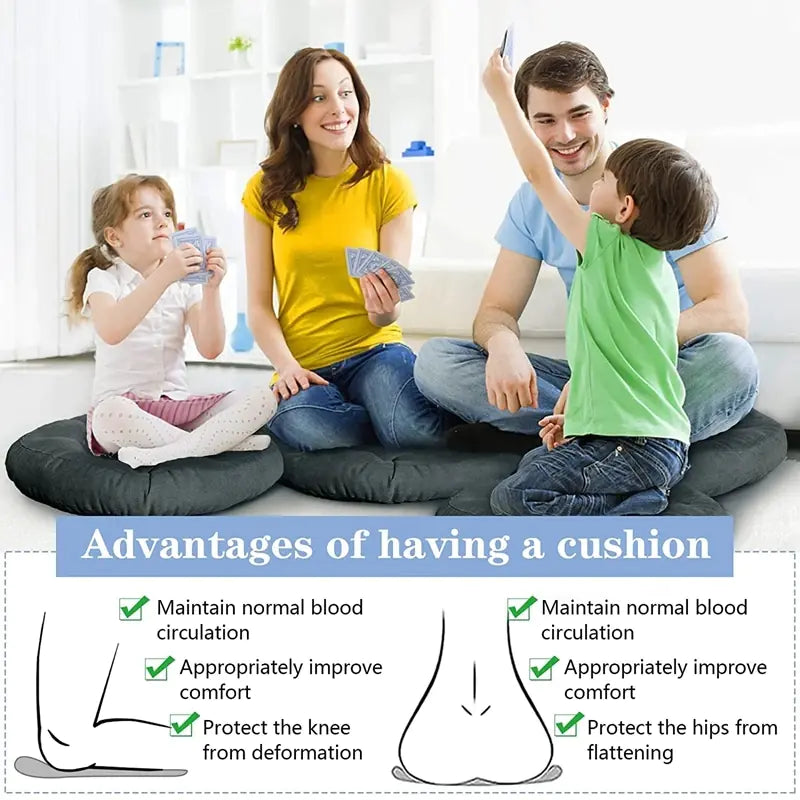 Family sitting on plush cushion in a living room with text about cushion advantages.