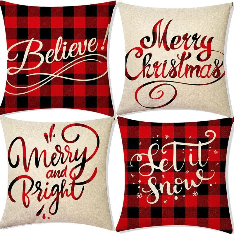Four Premium Christmas linen pillow cover with Nordic festive pattern design, 45x45cm, suitable for holiday home decoration on a white background.