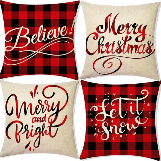 Four Premium Christmas linen pillow cover with Nordic festive pattern design, 45x45cm, suitable for holiday home decoration on a white background.