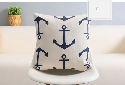 Mediterranean blue geometric pattern cotton linen cushion cover 45x45cm with navy accents for sofa decor 1