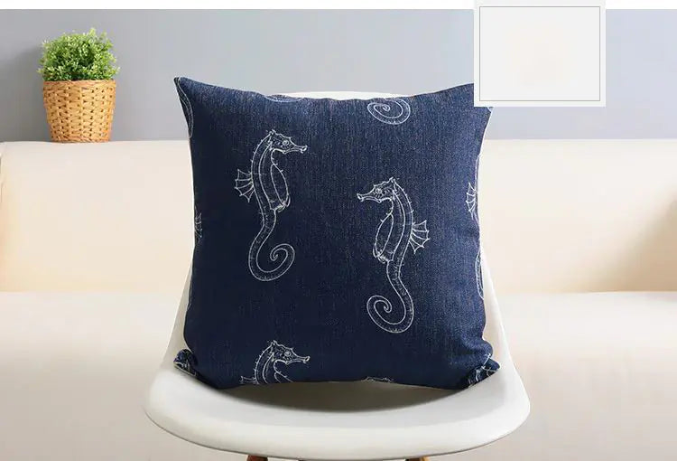 Mediterranean blue geometric pattern cotton linen cushion cover 45x45cm with navy accents for sofa decor 3