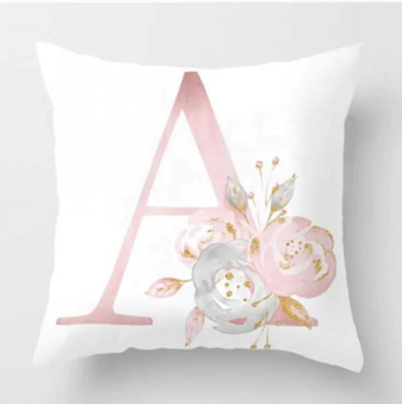 Pink letter pillow cover with floral pattern, 45x45cm personalized initial cushion case for home decor. Letter A