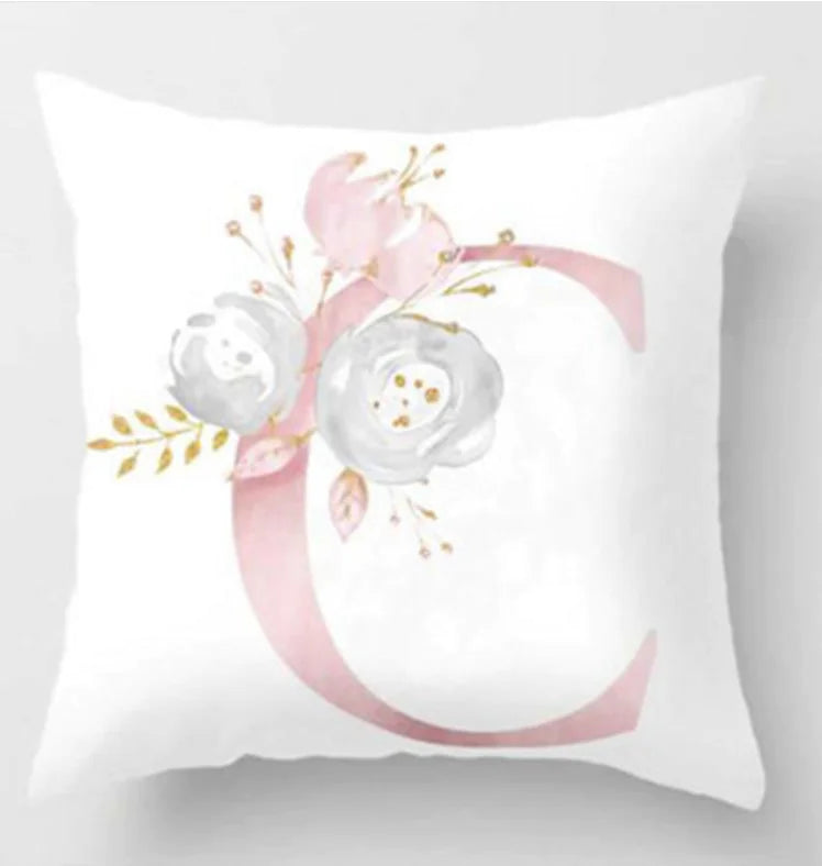 Pink letter pillow cover with floral pattern, 45x45cm personalized initial cushion case for home decor. Letter C