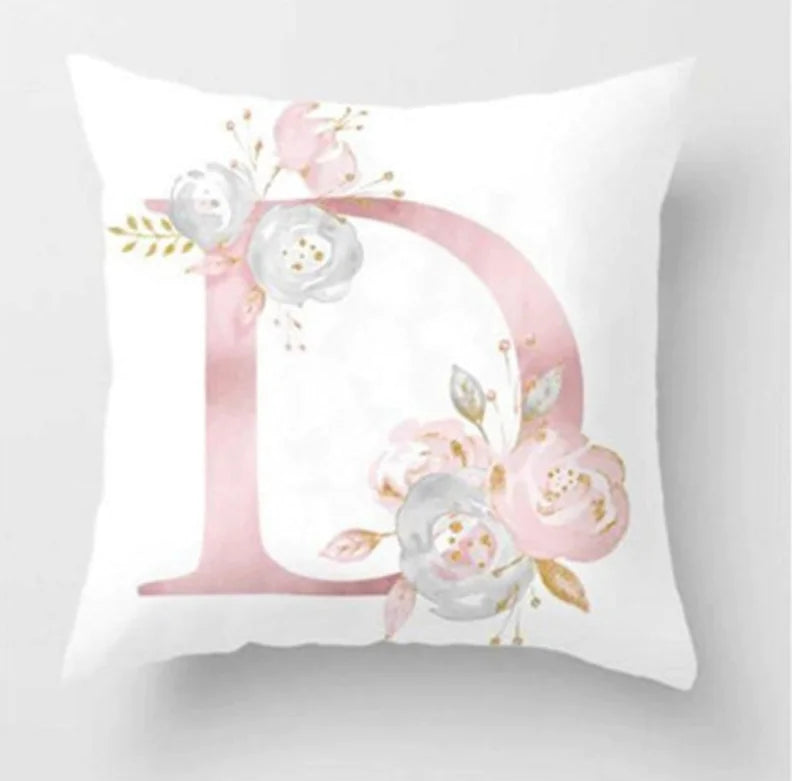 Pink letter pillow cover with floral pattern, 45x45cm personalized initial cushion case for home decor. Letter D