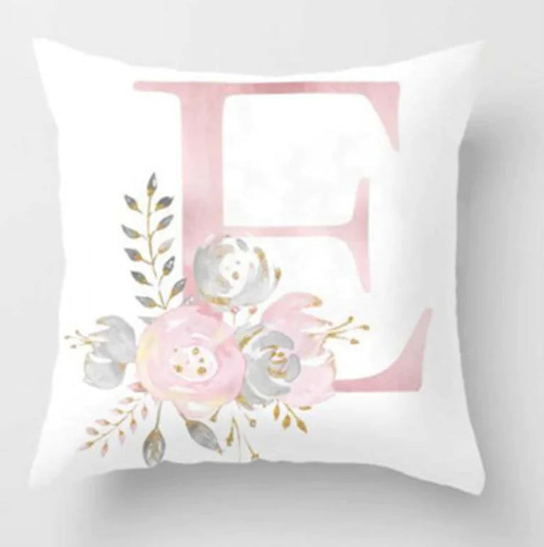 Pink letter pillow cover with floral pattern, 45x45cm personalized initial cushion case for home decor. Letter E