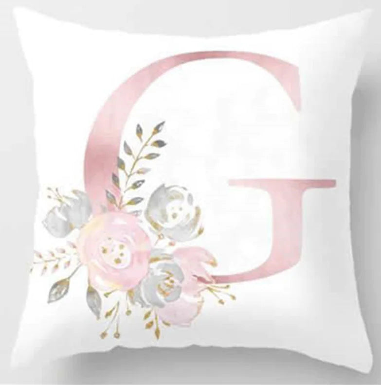 Pink letter pillow cover with floral pattern, 45x45cm personalized initial cushion case for home decor. Letter G