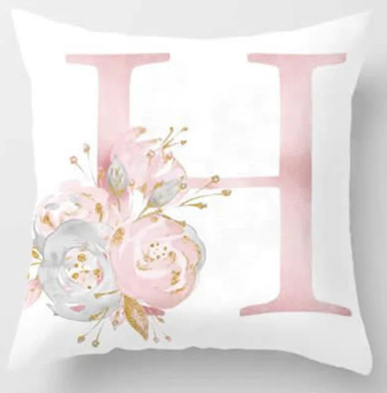 Pink letter pillow cover with floral pattern, 45x45cm personalized initial cushion case for home decor. Letter H