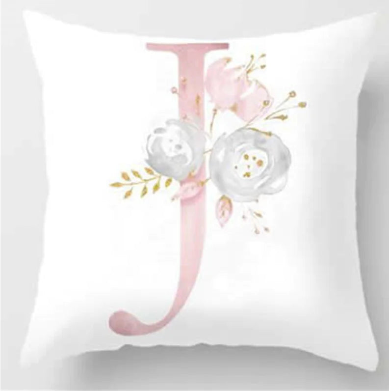 Pink letter pillow cover with floral pattern, 45x45cm personalized initial cushion case for home decor. Letter J