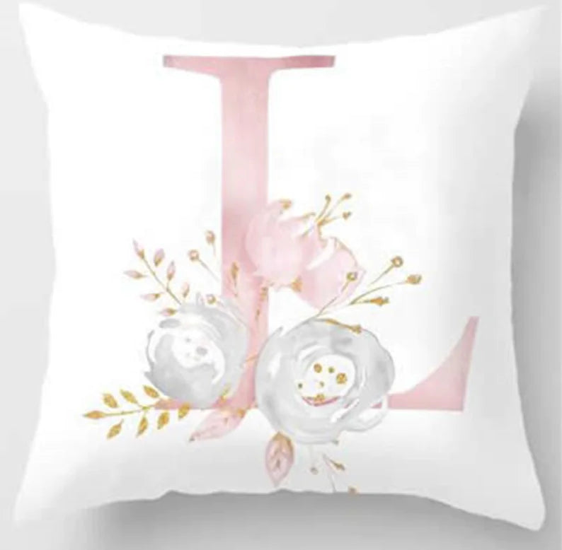 Pink letter pillow cover with floral pattern, 45x45cm personalized initial cushion case for home decor. Letter L