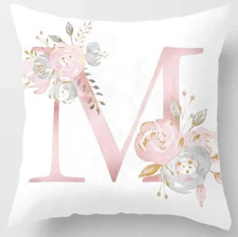 Pink letter pillow cover with floral pattern, 45x45cm personalized initial cushion case for home decor. Letter M
