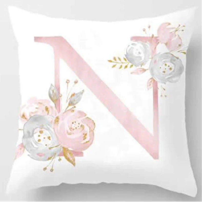 Pink letter pillow cover with floral pattern, 45x45cm personalized initial cushion case for home decor. Letter N