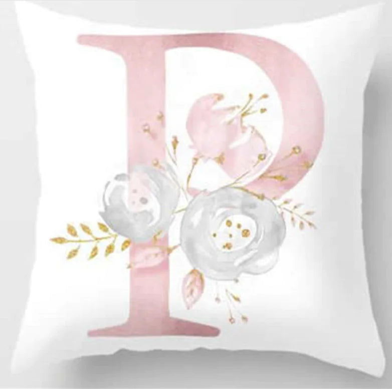 Pink letter pillow cover with floral pattern, 45x45cm personalized initial cushion case for home decor. Letter P
