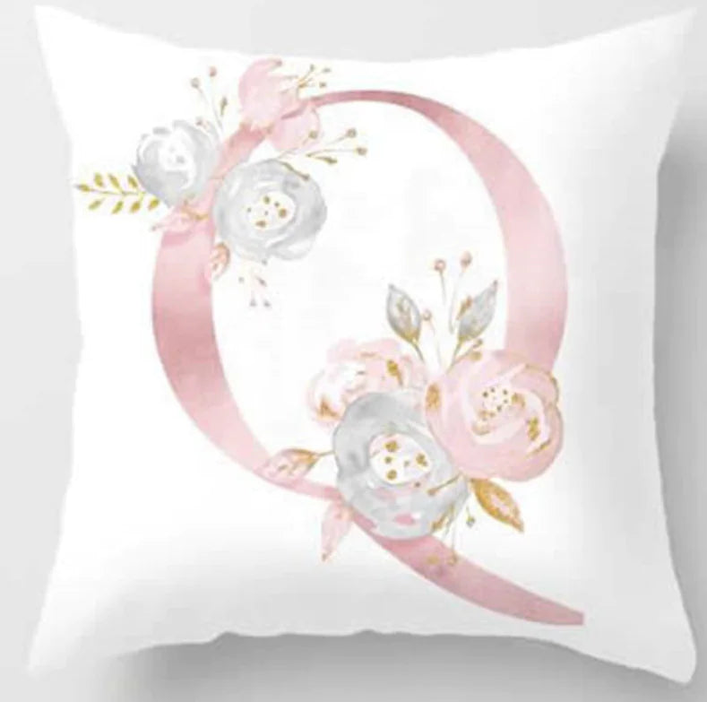 Pink letter pillow cover with floral pattern, 45x45cm personalized initial cushion case for home decor. Letter Q