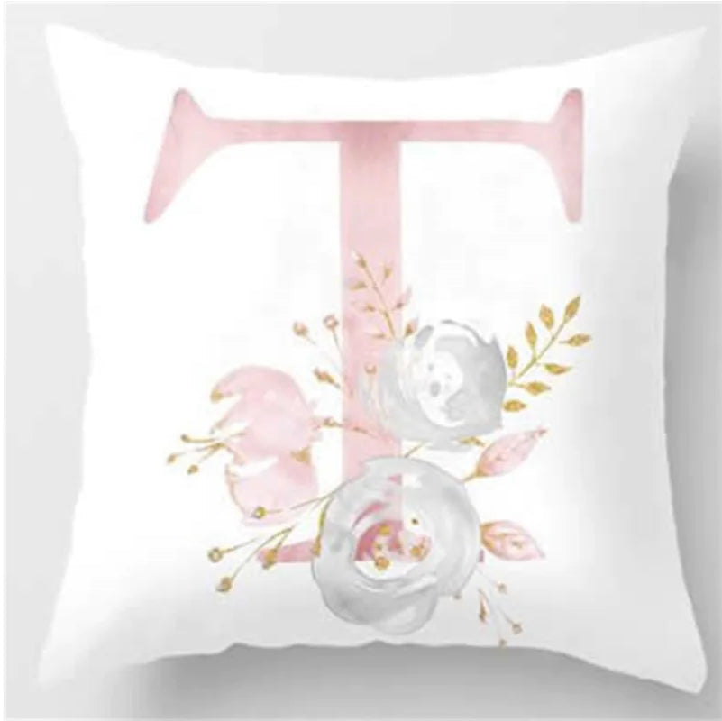 Pink letter pillow cover with floral pattern, 45x45cm personalized initial cushion case for home decor. Letter T