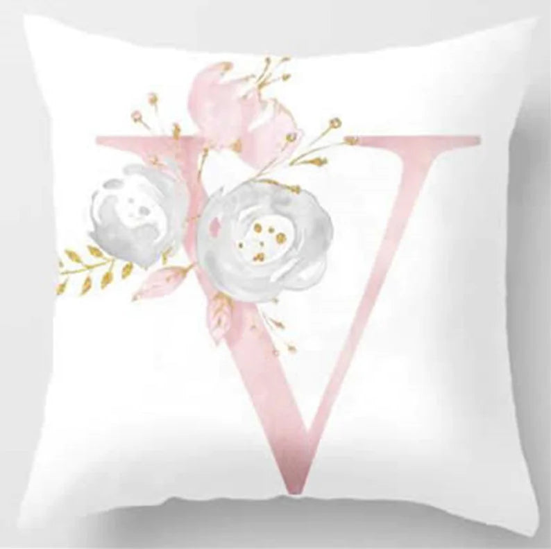 Pink letter pillow cover with floral pattern, 45x45cm personalized initial cushion case for home decor. Letter V