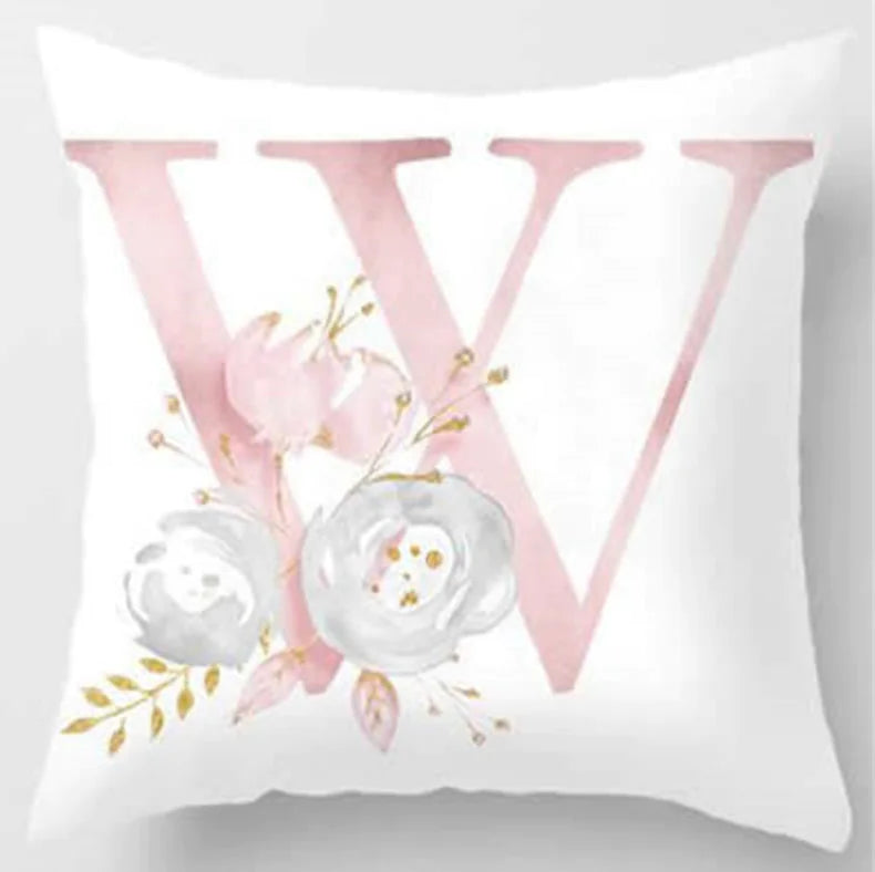 Pink letter pillow cover with floral pattern, 45x45cm personalized initial cushion case for home decor. Letter W
