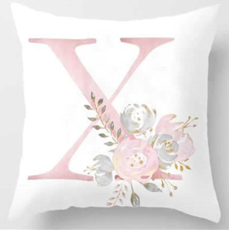Pink letter pillow cover with floral pattern, 45x45cm personalized initial cushion case for home decor. Letter X