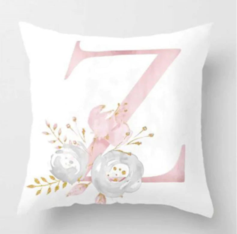 Pink letter pillow cover with floral pattern, 45x45cm personalized initial cushion case for home decor. Letter Z