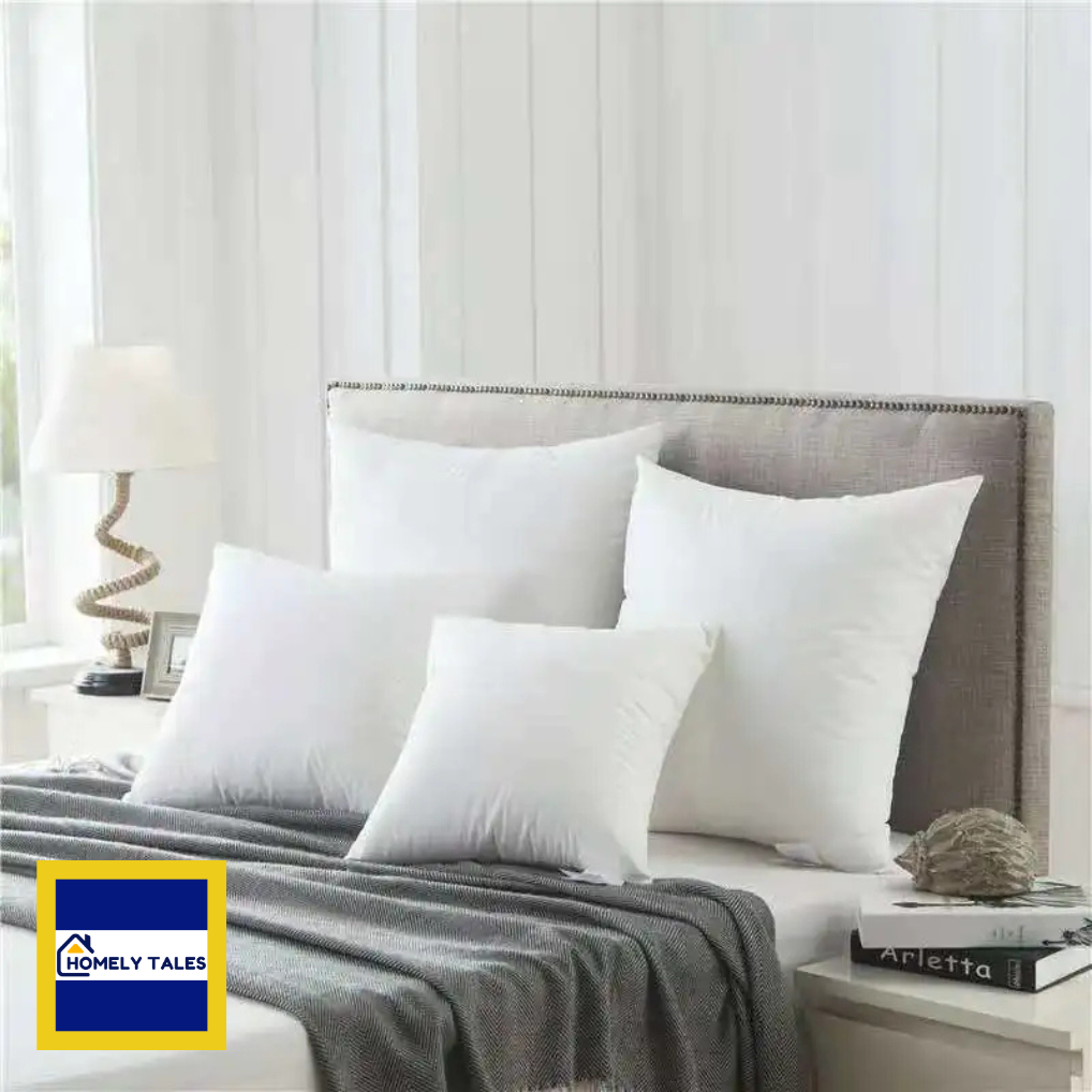 Bed with Premium Cotton Velvet Hotel Quality Pillow, Multiple Sizes Available and a grey blanket, featuring the Homely Tales logo.