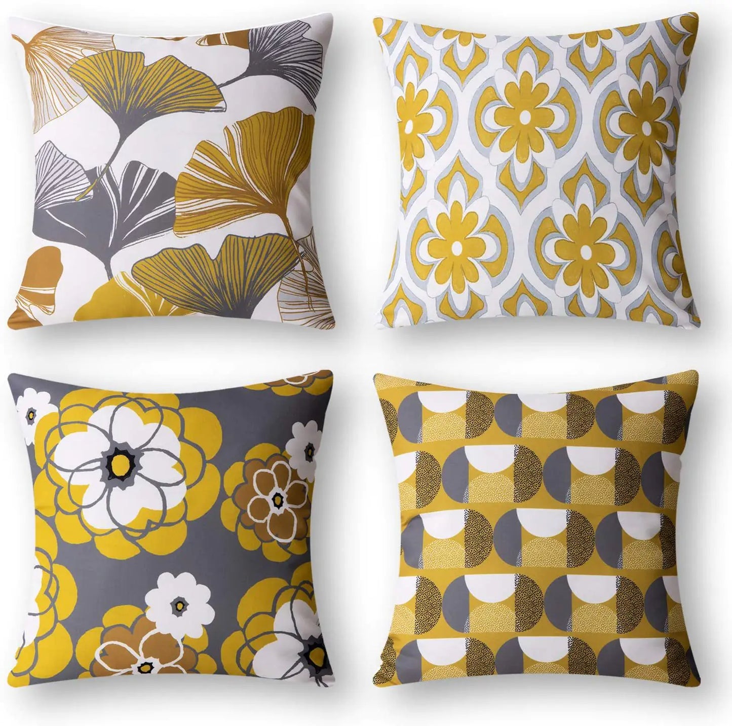 Set of four geometric pattern cushion covers in Nordic style, 18x18 inches, featuring modern abstract designs in the yellow colour option for sofa and living room decor