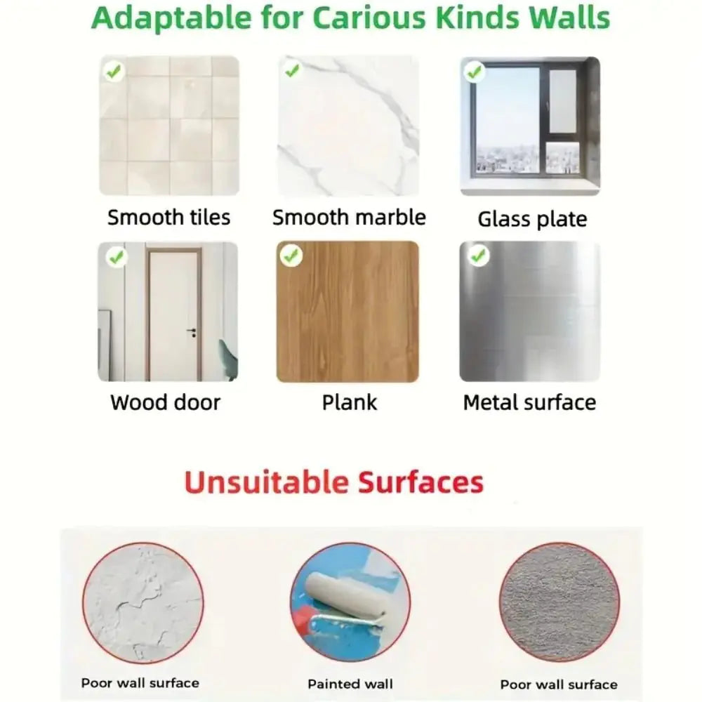 Stainless steel wall mounted soap dish holder with self adhesive backing for bathroom and kitchen. Compatibility chart for various wall surfaces with green checkmarks indicating suitability.