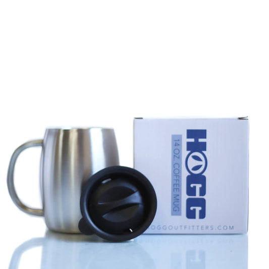 14oz double wall vacuum insulated coffee mug with black swivel lid for hot beverage temperature retention next to a HOGG branded box on a white background
