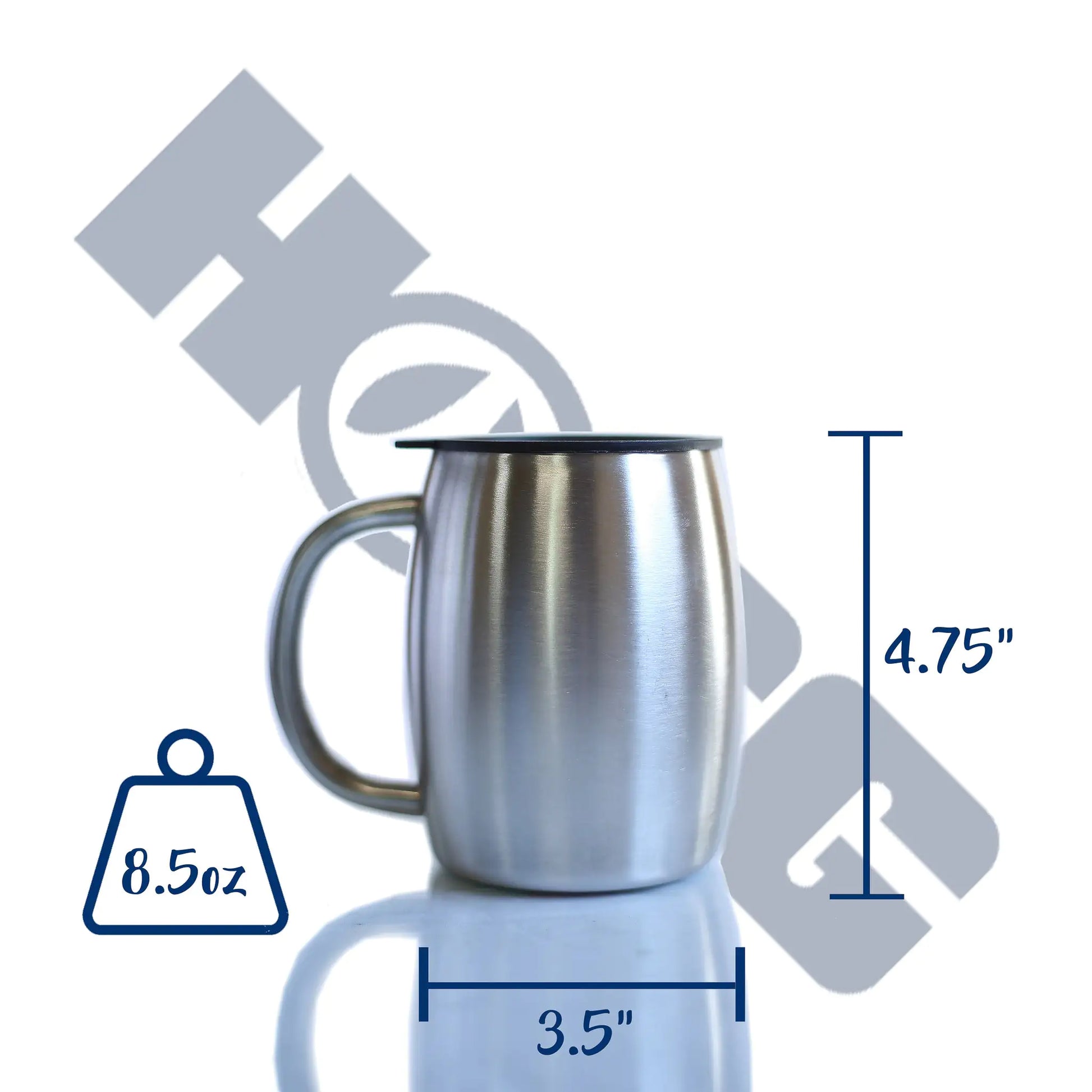 14oz double wall vacuum insulated coffee mug with black swivel lid for hot beverage temperature retention with measurements and weight displayed on a white background
