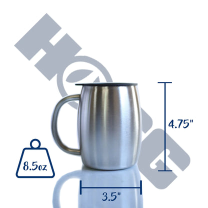 14oz double wall vacuum insulated coffee mug with black swivel lid for hot beverage temperature retention with measurements and weight displayed on a white background