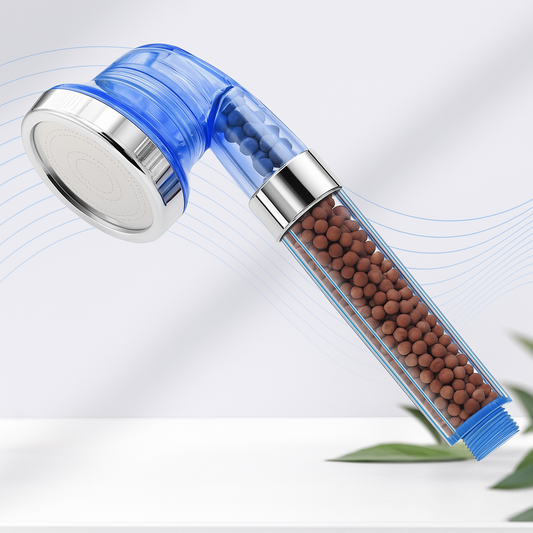 3 mode shower head with built in water purifier filter showing LED lights and high pressure spray pattern with blue plastic housing and visible internal components on a light grey background