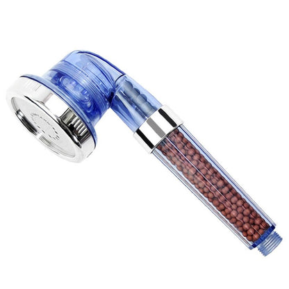 3 mode shower head with built in water purifier filter with blue plastic housing on a white background