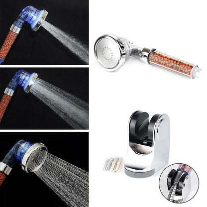 3 mode shower head with built in water purifier filter with multiple nozzles and water flow on a white background