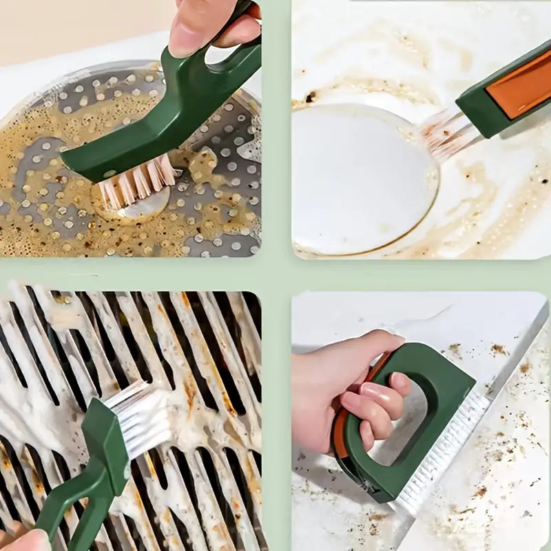 4 piece crevice cleaning brush set with specialized gap cleaning tools for hard to reach areas and detail cleaning. Cleaning tool being used on various surfaces including a grill, oven, and sink.