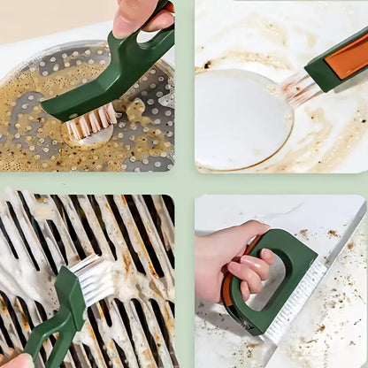 4 piece crevice cleaning brush set with specialized gap cleaning tools for hard to reach areas and detail cleaning. Cleaning tool being used on various surfaces including a grill, oven, and sink.