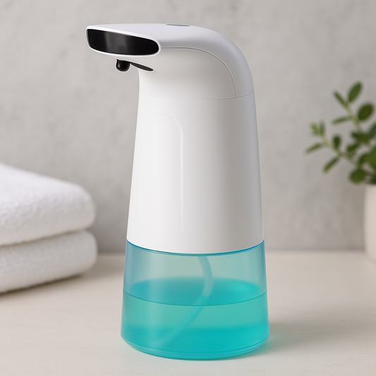 White and clear soap dispenser filled with blue soap on a light surface with a neutral background