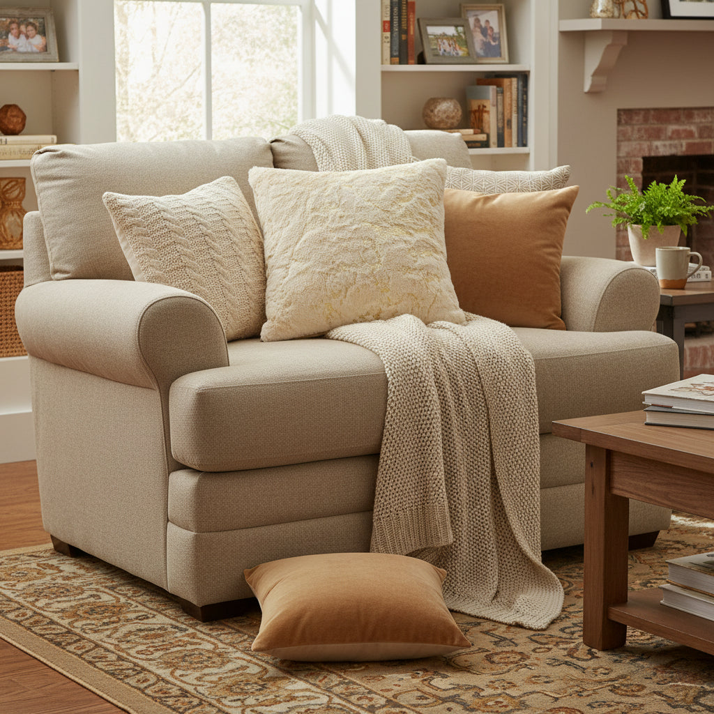 Beige Luxury plush velvet cushion cover with gold trim detail for sofa and living room decor